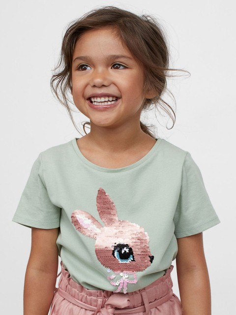 

H&M Girls Green & Gold Sequinned Interactive-Motif Top