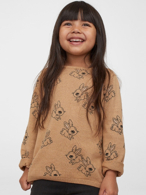 

H&M Girls Beige & Black Printed Fine-Knit Cotton Jumper
