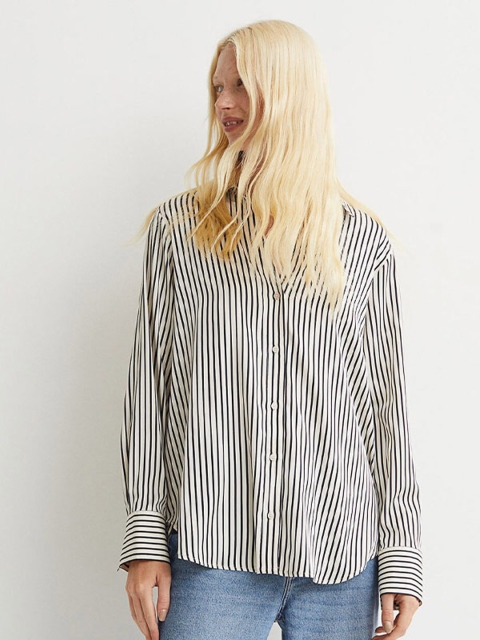 

H&M Women White & Black Striped V-Neck Blouse