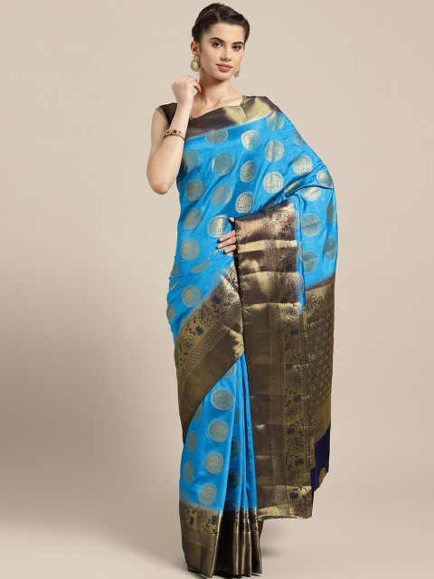 

Ishin Blue & Gold-Toned Woven Design Zari Art Silk Heavy Work Mysore Silk Saree