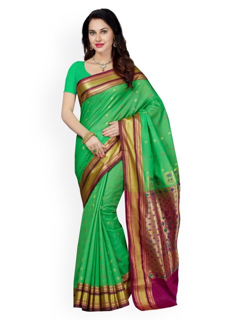 

Ishin Green & Gold-Toned Floral Woven Design Zari Mysore Silk Saree