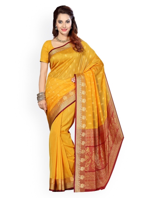 

Ishin Yellow & Red Floral Zari Banarasi Saree