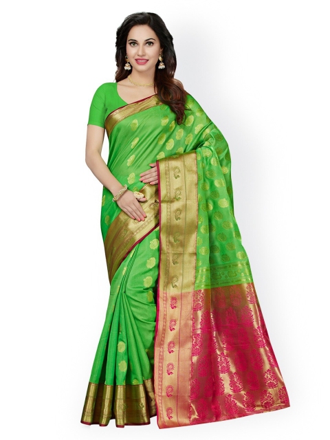 

Ishin Green & Pink Ethnic Motifs Art Silk Banarasi Saree