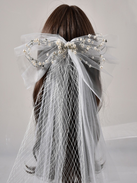 

AQUASTREET Women White Embellished Wedding Veil with Pearls Bow Hair Accessories