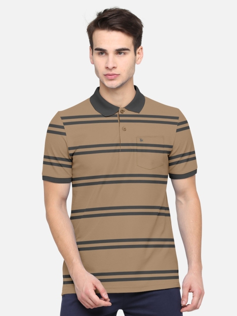 

BULLMER Men Beige & Black Striped Polo Collar Pockets Cotton T-shirt
