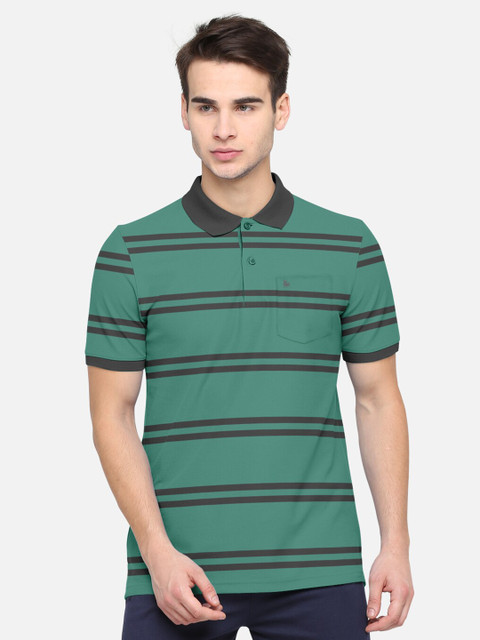 

BULLMER Men Green Striped Polo Collar T-shirt