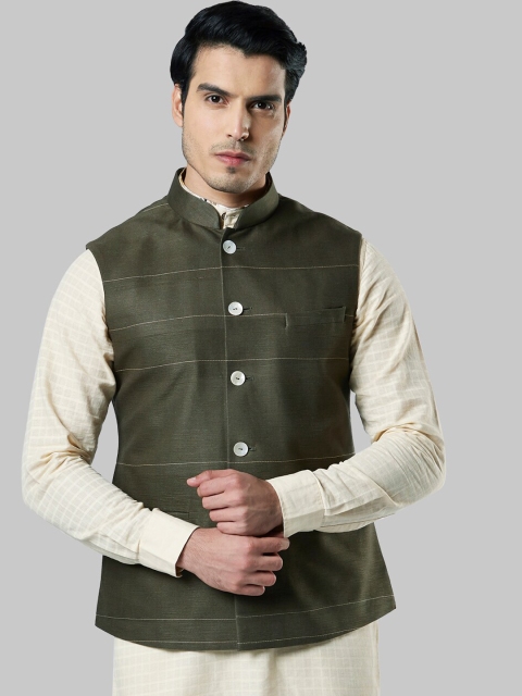 

Ethnix by Raymond Men Olive Green Pure Cotton Nehru Jacket