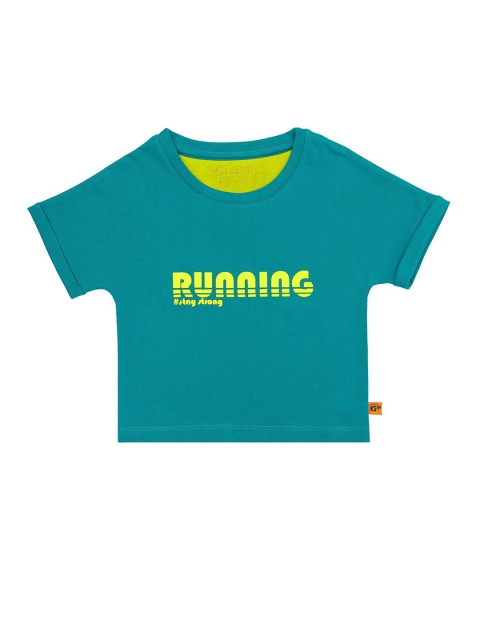 

Kid Studio Girls Teal Typography Printed Pure Cotton Knit Crop Regular Top