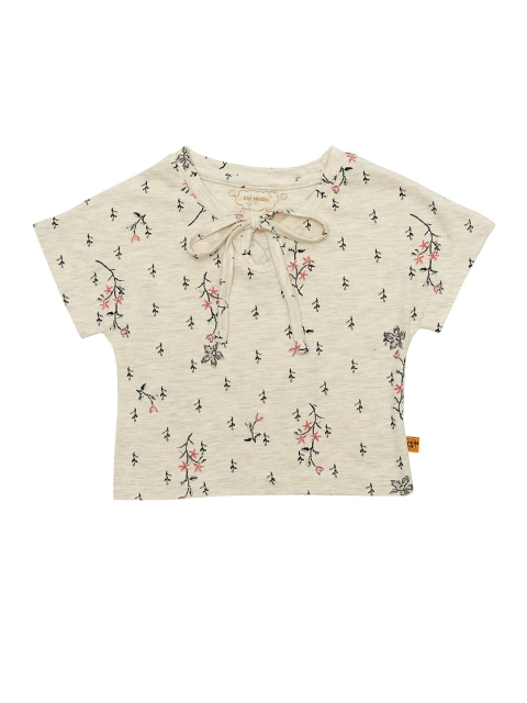 

Kid Studio Girls Beige & Black Floral Tie-Up Neck Extended Sleeves Pure Cotton Crop Top