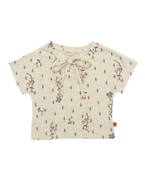 

Kid Studio Girls Beige Floral Tie-Up Neck Extended Sleeves Regular Crop Top