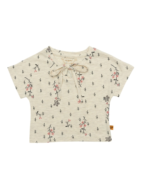 

Kid Studio Beige Pure Cotton Floral Tie-Up Neck Extended Sleeves Regular Top