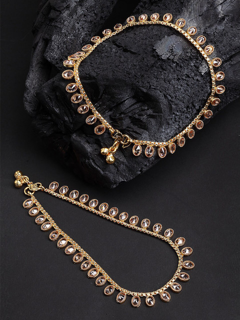 

ZENEME Gold Plated Peach Stone Studded Anklets