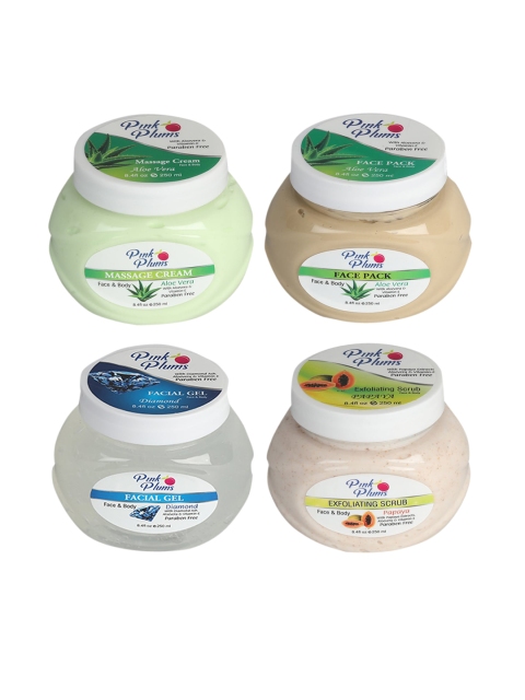 

PINK PLUMS Unisex Aloevera Massage Cream, Face Pack, Diamond Gel & Papaya Scrub Combo, Multi