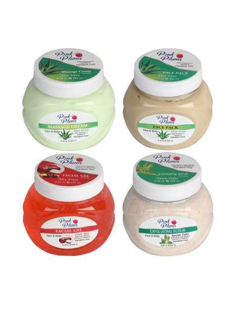 

Pink Plums Unisex Set Of 4 Fruit Mix & Aloe Vera Face & Body Facial Kit Gift Set, Green