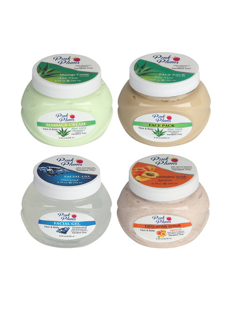 

PINK PLUMS Unisex Aloe Vera Massage Cream, Face Pack, Fruit Mix Gel & Apricot Scrub Combo, Multi