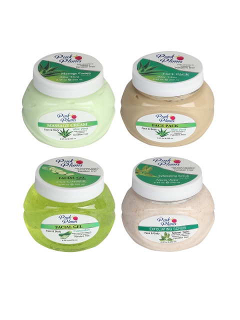 

Pink Plums Unisex Set Of 4 Cucumber & Aloe Vera Face & Body Facial Kit Gift Set, Green
