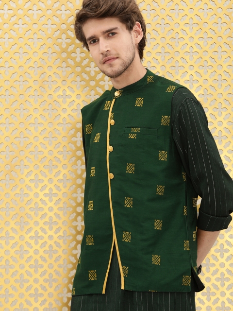 

Ode by House of Pataudi Men Green Ethnic Motifs Sleeveless Festive Nehru Jacket