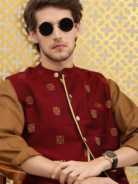 

Ode by House of Pataudi Men Maroon Ethnic Motifs Sleeveless Festive Nehru Jacket