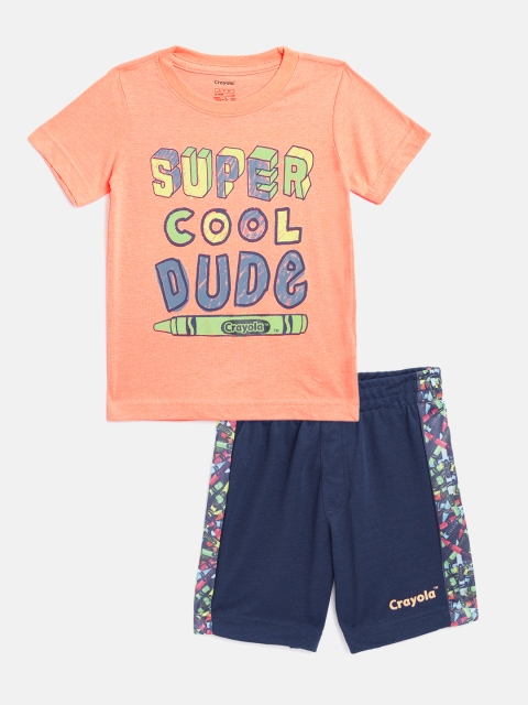 

Crayola Boys Peach-Coloured Printed T-shirt with Navy Blue Shorts