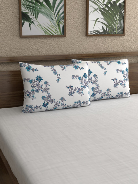 

Home Ecstasy Set Of 2 White & Lavender-Coloured Floral Printed 140 TC Cotton Pillow Covers