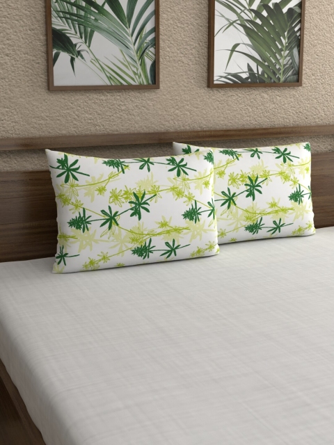 

Home Ecstasy Set Of 2 White & Green Floral Printed 140TC Pillow Covers