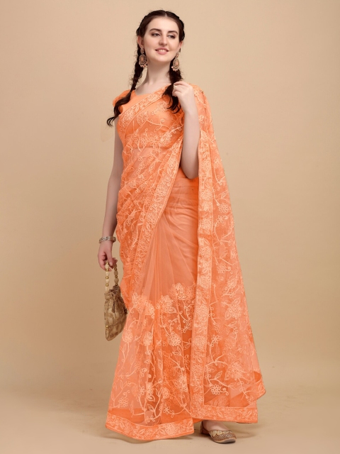 

Mitera Peach-Coloured Floral Embroidered Net Heavy Work Saree