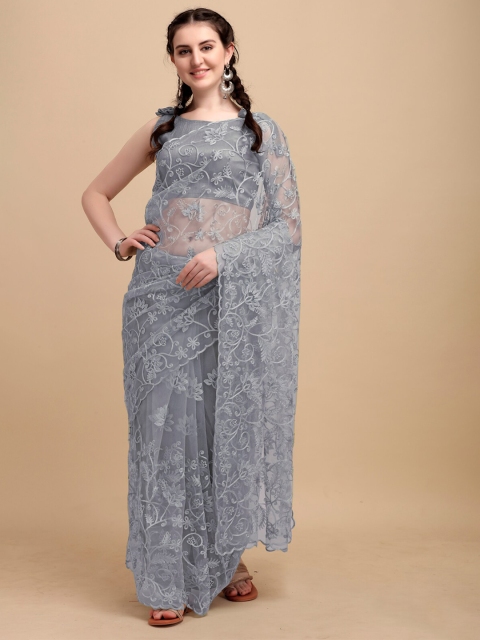 

Mitera Women Grey Embroidered Net Saree