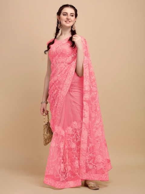 

Mitera Pink Floral Embroidered Net Saree