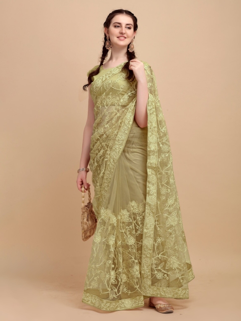 

Mitera Olive Green Floral Embroidered Net Heavy Work Saree