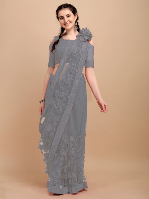 

Mitera Silver-Toned Embellished Embroidered Net Heavy Work Saree
