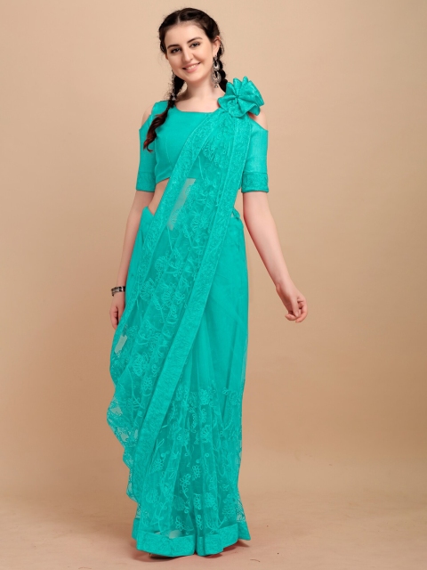

Mitera Sea Green Floral Embroidered Net Saree