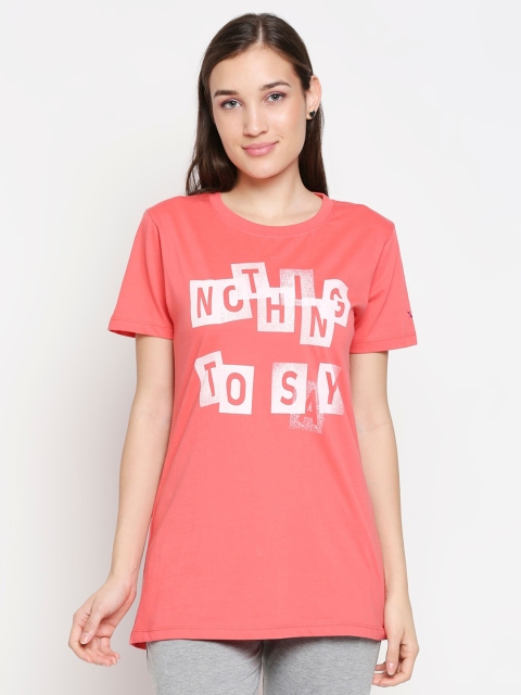 

XIN Women Coral Red Typography Printed Pure Cotton T-shirt