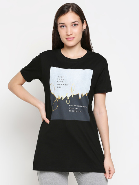 

XIN Women Black Printed Pure Cotton T-shirt
