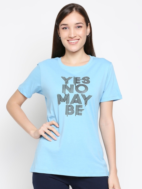 

XIN Women Blue Pure Cotton Typography Printed Longline Lounge T-shirt