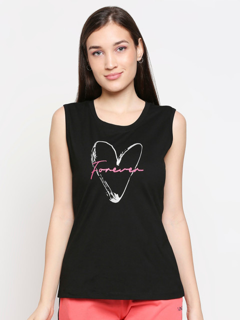 

XIN Women Black Typography Printed Sleeveless Pure Cotton T-shirt