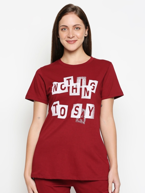 

XIN Women Maroon Typography Printed Pure Cotton T-shirt