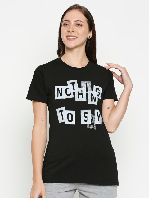 

XIN Women Black & White Typography Printed T-shirt
