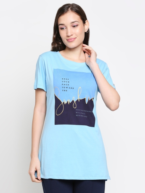 

XIN Women Blue & Black Typography Printed Pure Cotton T-shirt