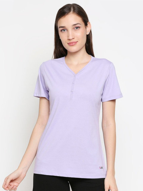 

XIN Women Lavender Henley Neck Pure Cotton Lounge T-shirt