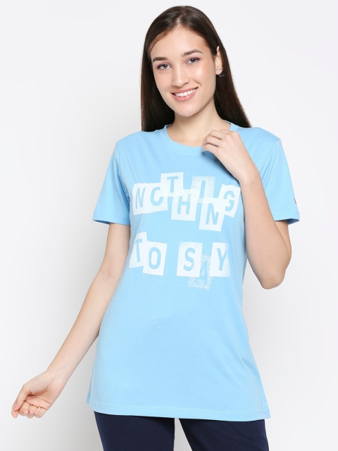 

XIN Women Pure Cotton Blue Typography Printed Longline T-shirt