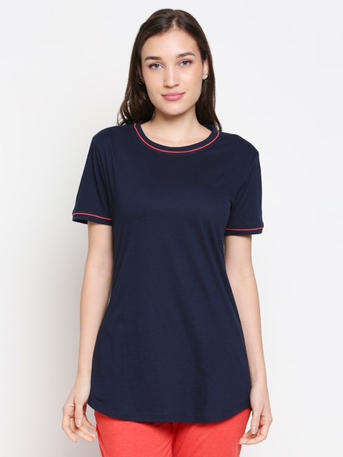 

XIN Women Navy Blue Pure Cotton Solid Longline Lounge T-shirt