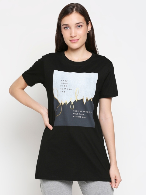 

XIN Women Black Graphic Printed Longline Pure Cotton Lounge T-shirt