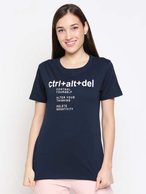 

XIN Women Navy Blue Typography Printed T-shirt