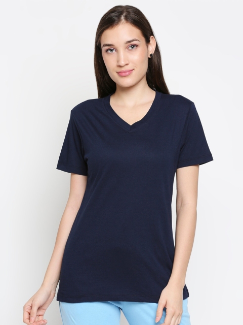 

XIN Women Navy Blue V-Neck Pure Cotton Lounge T-shirt