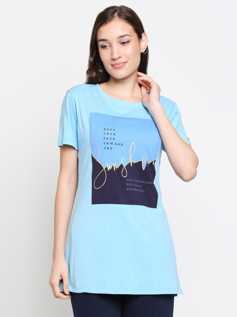 

XIN Women Cotton Blue Graphic Printed Longline T-Shirt