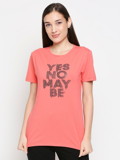 

XIN Women Coral Typography Printed Pure Cotton T-shirt