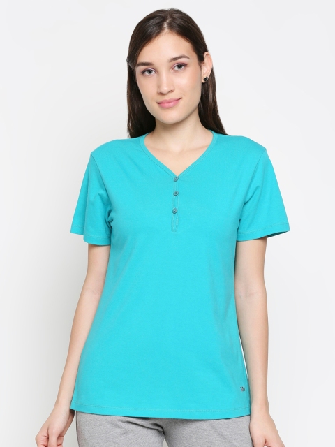 

XIN Women Blue V-Neck Pure Cotton T-shirt