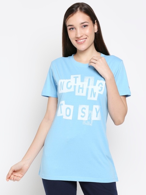 

XIN Women Blue Typography Printed Pure Cotton Lounge T-shirt