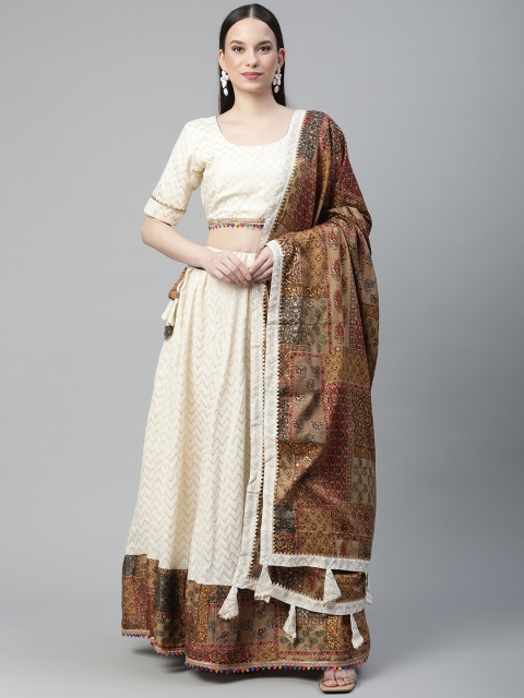 

Readiprint Fashions Off-White & Brown Embroidered Kalamkari Unstitched Lehenga Choli Set