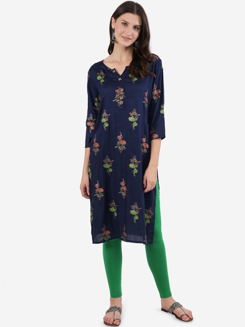 

Ashnaina Women Navy Blue Floral Block Printed Kurta